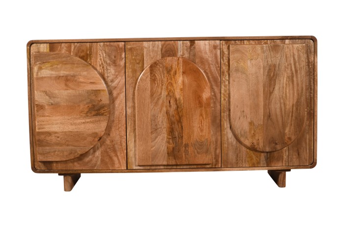 Komoda ED-01-CR z litego drewna mango w wybarwieniu karmelowym, rzeźbione fronty wypukłe, 150×40×80 cm