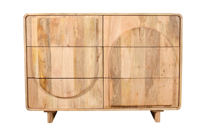 Pojemna komoda ED-03-MN z drewna mango naturalnego, fronty 3D, 6 szuflad, 120×40×85 cm