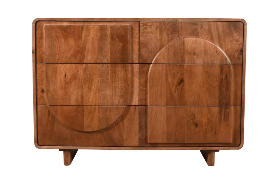 Bieliźniarka ED-03-MWL z litego drewna mango w kolorze orzech włoski, 6 szuflad, geometryczne fronty, 120×40×85 cm
