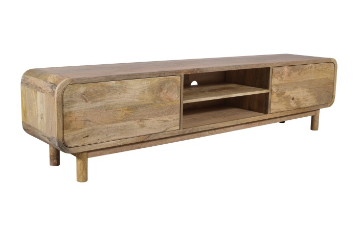 Szeroka szafka RTV 210 cm z litego drewna mango retro PRL mid-century –  kolor naturalny BC-05-MN