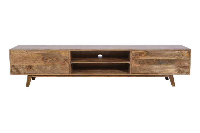Drewniana komoda RTV 210 cm z litego drewna mango w nowoczesnym stylu skandynawskim, minimalistyczna forma, szuflady i otwarta półka – kolor caramel ST-01-CR