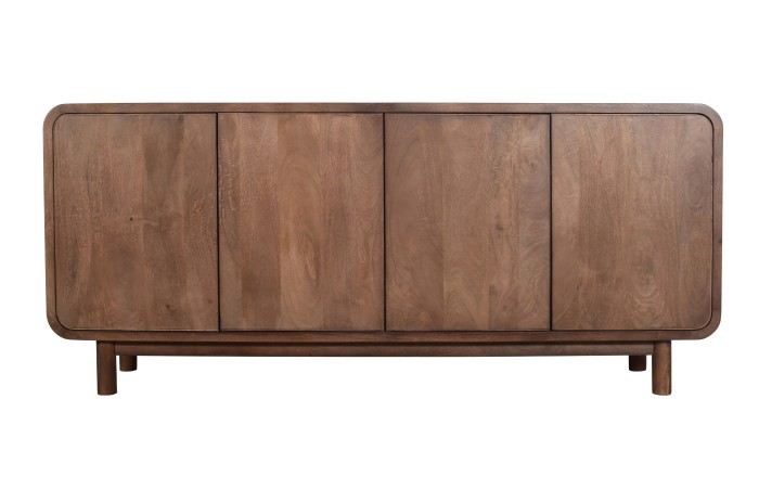 Komoda 180 cm z litego drewna mango retro PRL mid-century z czterema drzwiczkami – orzech włoski BC-01-MWL
