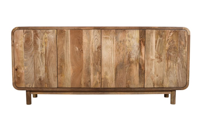 Komoda drewniana mango 180 cm z litego drewna z czterema drzwiczkami w stylu retro PRL mid-century – kolor karmel, BC-01-CR