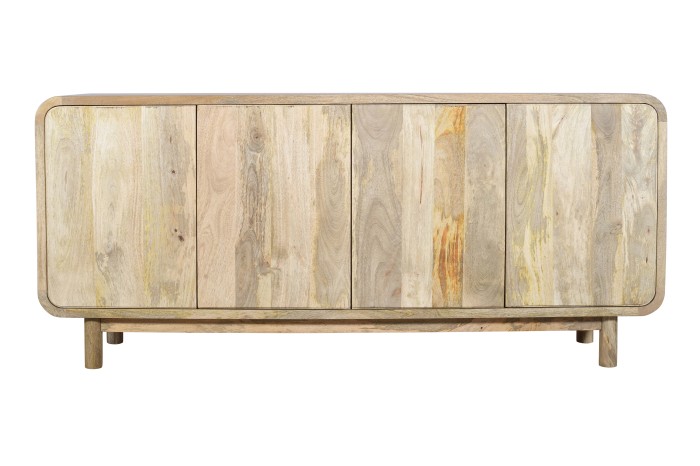 Komoda drewniana mango 180 cm z litego drewna z czterema drzwiczkami w stylu retro PRL mid-century – kolor naturalny, BC-01-MN