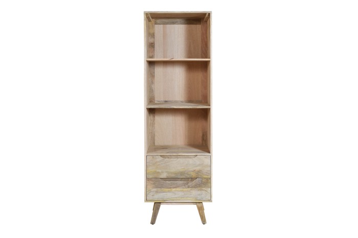 Wąska biblioteczka z litego drewna mango 180 cm w stylu retro PRL i mid-century modern z półkami i szufladami – ST-26-MN kolor naturalny