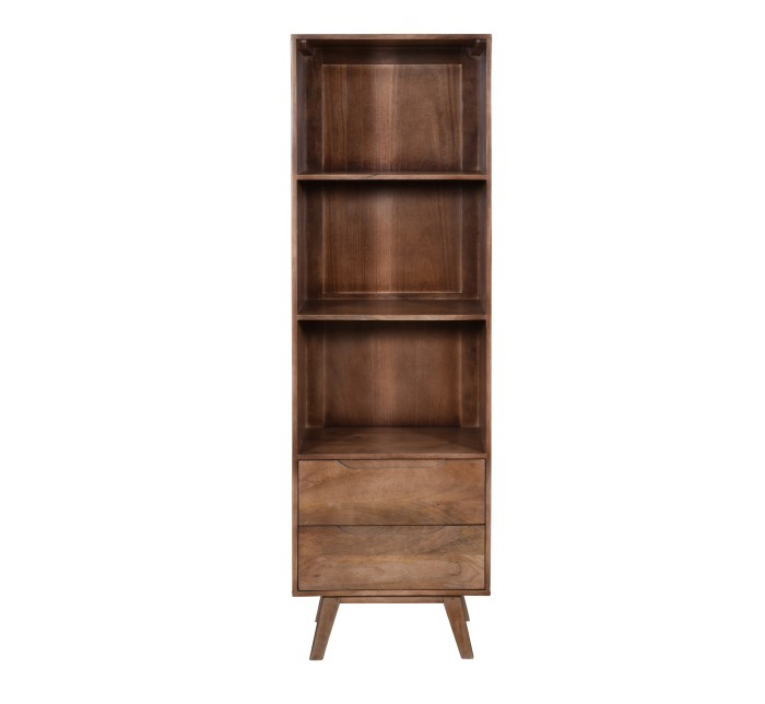Regał drewniany z litego drewna mango 180 cm w stylu retro PRL mid-century z półkami i szufladami – orzech włoski – ST-26-MWL kolor orzech 