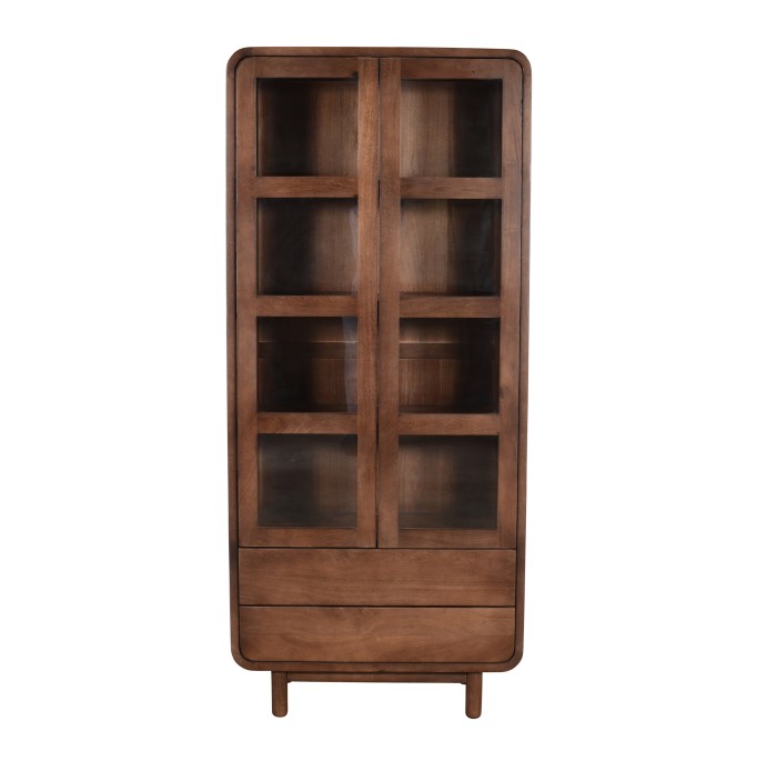 Witryna z litego drewna mango 90x40x200 cm – przeszklona, styl retro / mid century kolor mango orzech włoski BC-07-MWL