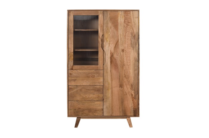 Witryna STOCKHOLM  kolor mango  caramel – przeszklona z litego drewna mango , szkło ryflowane, szuflady, styl retro / mid century ST-17-CR