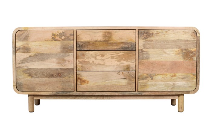 Komoda drewniana BC-08-MN 160 cm z drewna mango – 3 szuflady i 2 drzwi, styl Retro i Mid-Century Modern, Naturalna