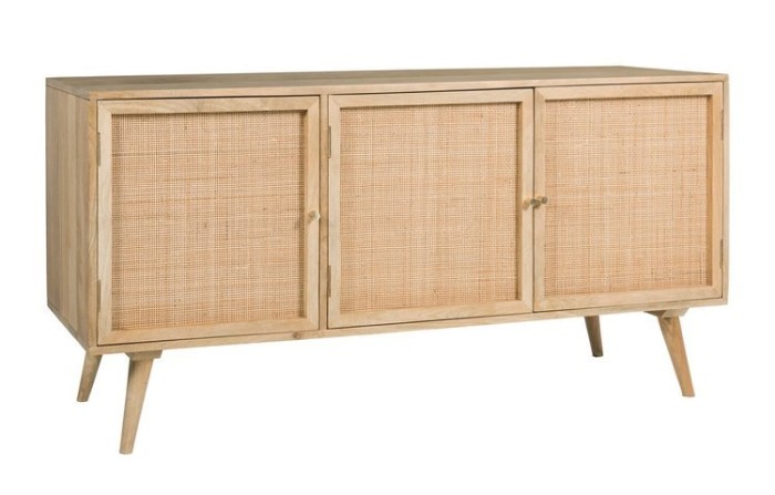 Trzydrzwiowa komoda z naturalnego drewna Mango i rattanu GR-10-MN
