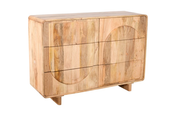 Pojemna komoda ED-03-MN z drewna mango naturalnego, fronty 3D, 6 szuflad, 120×40×85 cm
