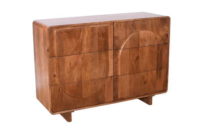 Bieliźniarka ED-03-MWL z litego drewna mango w kolorze orzech włoski, 6 szuflad, geometryczne fronty, 120×40×85 cm