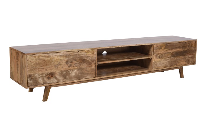 Drewniana komoda RTV 210 cm z litego drewna mango w nowoczesnym stylu skandynawskim, minimalistyczna forma, szuflady i otwarta półka – kolor caramel ST-01-CR