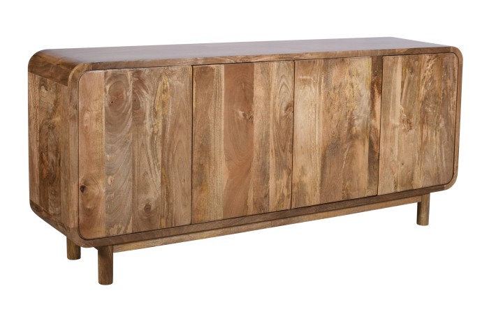 Komoda drewniana mango 180 cm z litego drewna z czterema drzwiczkami w stylu retro PRL mid-century – kolor karmel, BC-01-CR