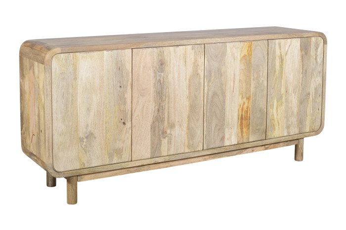 Komoda drewniana mango 180 cm z litego drewna z czterema drzwiczkami w stylu retro PRL mid-century – kolor naturalny, BC-01-MN