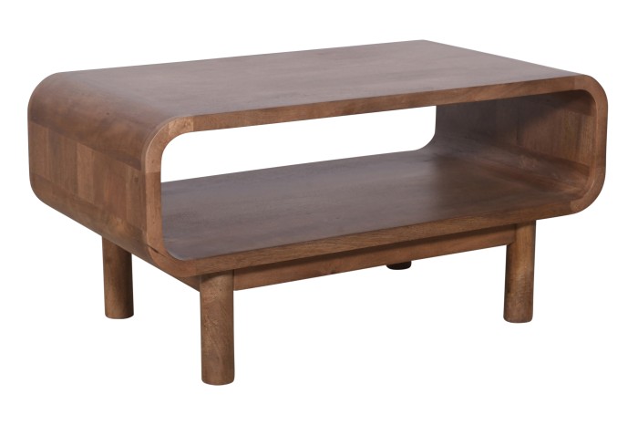 Stolik kawowy z półką w stylu PRL z litego drewna mango 90×50 cm – orzech włoski, BC-03-MWL