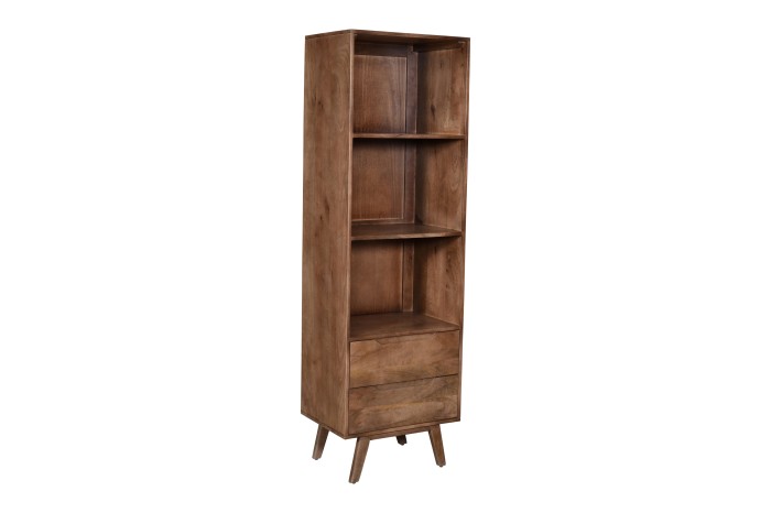 Regał drewniany z litego drewna mango 180 cm w stylu retro PRL mid-century z półkami i szufladami – orzech włoski – ST-26-MWL kolor orzech 