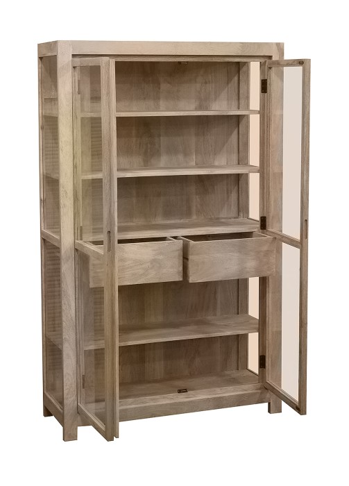 Witryna Nowoczesna Skandynawska z Litego Drewna Mango 3-Stronna 180 cm – Przeszklona z Szufladami | Natural 110x40x180