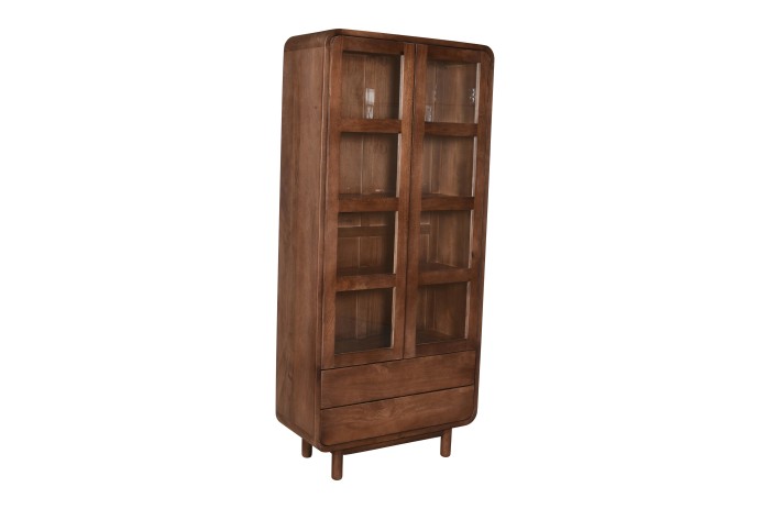 Witryna z litego drewna mango 90x40x200 cm – przeszklona, styl retro / mid century kolor mango orzech włoski BC-07-MWL