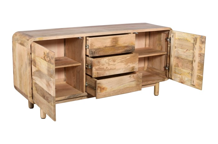 Komoda drewniana BC-08-MN 160 cm z drewna mango – 3 szuflady i 2 drzwi, styl Retro i Mid-Century Modern, Naturalna