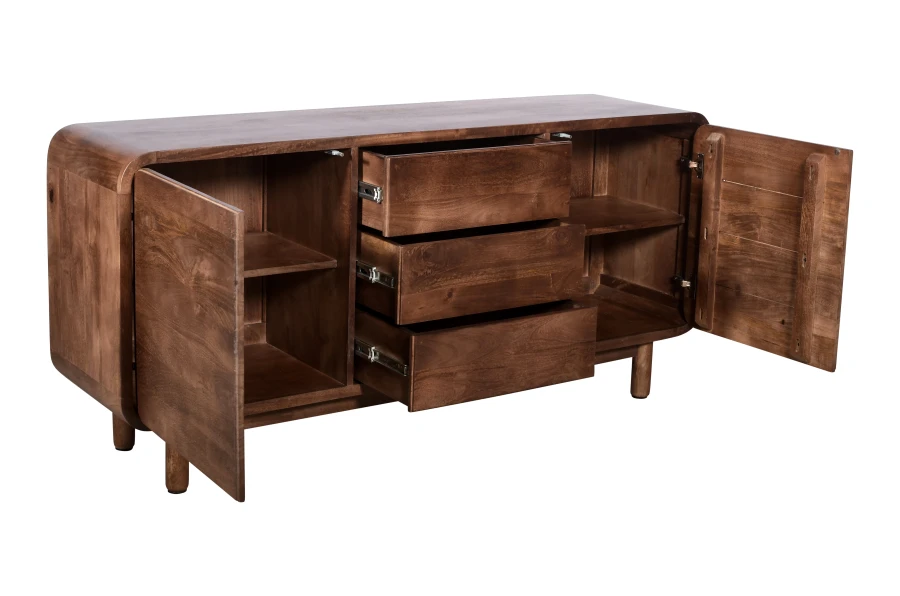 Komoda BC-08-MWL 160 cm z drewna mango – 3 szuflady i 2 drzwi, komoda Retro, Mid-Century Modern, kolor Orzech Włoski