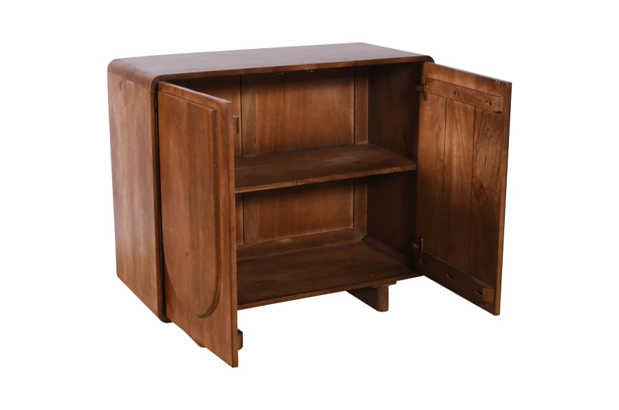 Komoda do salonu ED-02-MWL z litego drewna mango,  kolor orzech włoski geometryczne fronty 3D, 90×40×80 cm