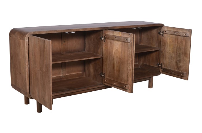 Komoda 180 cm z litego drewna mango retro PRL mid-century z czterema drzwiczkami – orzech włoski BC-01-MWL