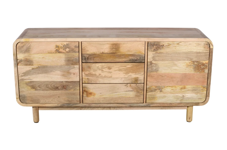 Komoda drewniana BC-08-MN 160 cm z drewna mango – 3 szuflady i 2 drzwi, styl Retro i Mid-Century Modern, Naturalna