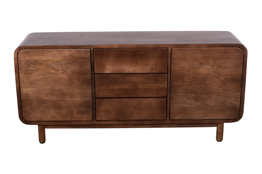 Komoda BC-08-MWL 160 cm z drewna mango – 3 szuflady i 2 drzwi, komoda Retro, Mid-Century Modern, kolor Orzech Włoski