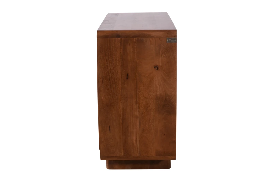 Komoda do salonu ED-02-MWL z litego drewna mango,  kolor orzech włoski geometryczne fronty 3D, 90×40×80 cm