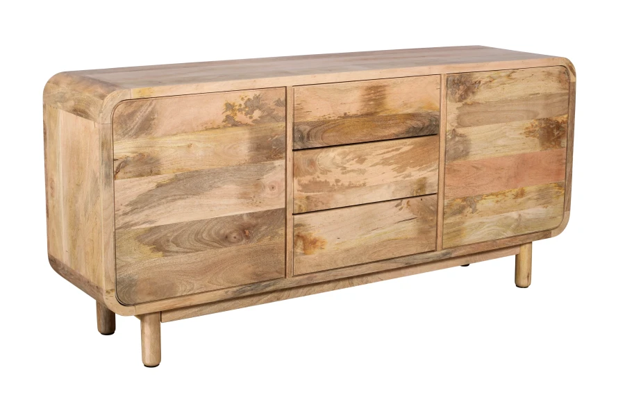 Komoda drewniana BC-08-MN 160 cm z drewna mango – 3 szuflady i 2 drzwi, styl Retro i Mid-Century Modern, Naturalna