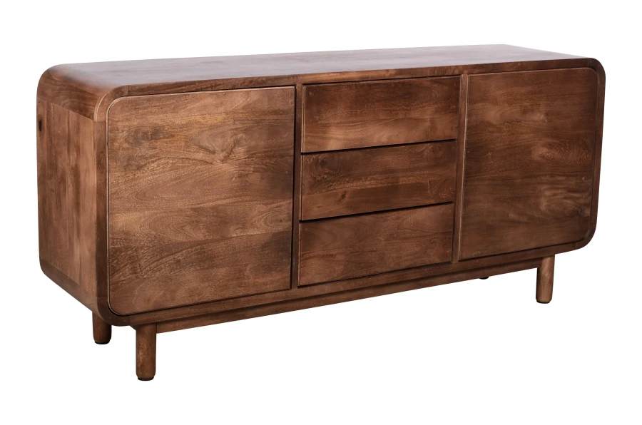 Komoda BC-08-MWL 160 cm z drewna mango – 3 szuflady i 2 drzwi, komoda Retro, Mid-Century Modern, kolor Orzech Włoski