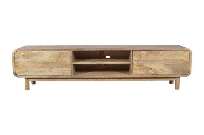 Szeroka szafka RTV 210 cm z litego drewna mango retro PRL mid-century –  kolor naturalny BC-05-MN