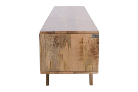 Drewniana komoda RTV 210 cm z litego drewna mango w nowoczesnym stylu skandynawskim, minimalistyczna forma, szuflady i otwarta półka – kolor karmel ST-01-CR