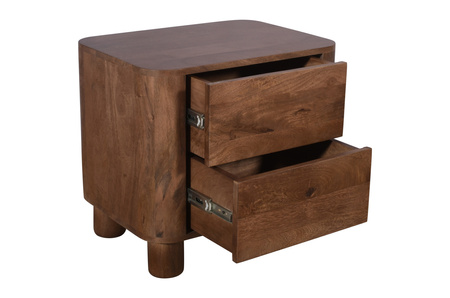 Szafka nocna drewniana, pomocnik drewniany mango japandi z litego drewna, zaokrąglone narożniki, dwie szuflady – kolor orzech włoski RM-09-MWL