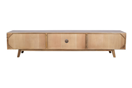 Drewniana komoda RTV 210 cm z litego drewna mango w nowoczesnym stylu skandynawskim, minimalistyczna forma, szuflady i otwarta półka – kolor karmel ST-01-CR