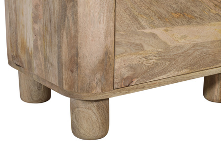 Szafka nocna drewniana minimalistyczna mango japandi lite drewno z zaokrąglonymi narożnikami i dwoma szufladami – kolor mango naturale RM-09-MN