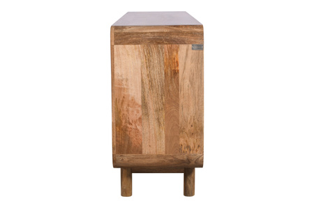 Komoda drewniana mango 180 cm z litego drewna z czterema drzwiczkami w stylu retro PRL mid-century – kolor karmel, BC-01-CR