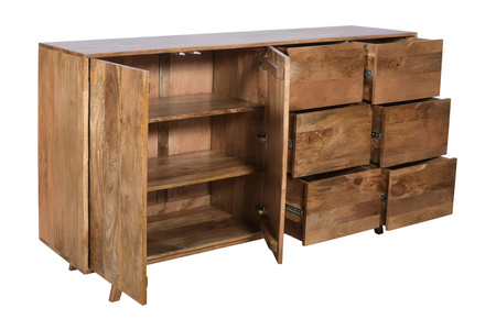 Komoda duża z litego drewna mango ST-21-CR, 6 szuflad + drzwi, kolor karmel, nowoczesny styl skandynawski