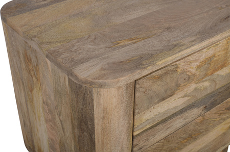 Szafka nocna drewniana minimalistyczna mango japandi lite drewno z zaokrąglonymi narożnikami i dwoma szufladami – kolor mango naturale RM-09-MN