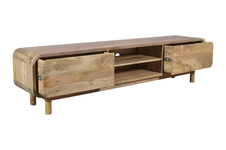 Szeroka szafka RTV 210 cm z litego drewna mango retro PRL mid-century – kolor naturalny BC-05-MN