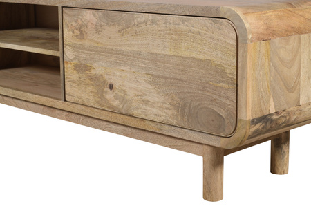 Szeroka szafka RTV 210 cm z litego drewna mango retro PRL mid-century – kolor naturalny BC-05-MN