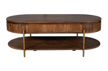 Stolik kawowy z lamelami, półką i szufladą z drewna Mango w kolorze orzech włoski HS-12-MWL