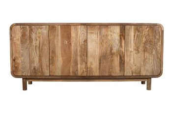 Komoda drewniana mango 180 cm z litego drewna z czterema drzwiczkami w stylu retro PRL mid-century – kolor karmel, BC-01-CR