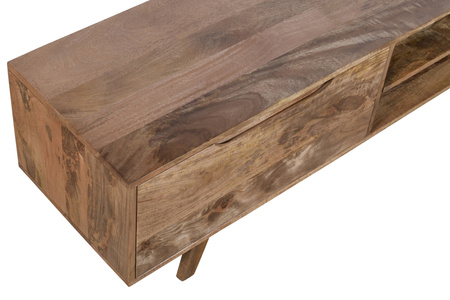 Drewniana komoda RTV 210 cm z litego drewna mango w nowoczesnym stylu skandynawskim, minimalistyczna forma, szuflady i otwarta półka – kolor karmel ST-01-CR