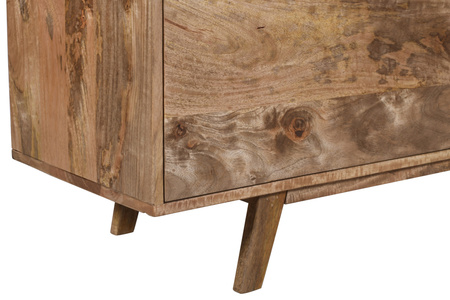 Drewniana komoda RTV 210 cm z litego drewna mango w nowoczesnym stylu skandynawskim, minimalistyczna forma, szuflady i otwarta półka – kolor karmel ST-01-CR