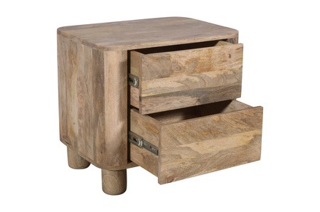 Szafka nocna drewniana minimalistyczna mango japandi lite drewno z zaokrąglonymi narożnikami i dwoma szufladami – kolor mango naturale RM-09-MN