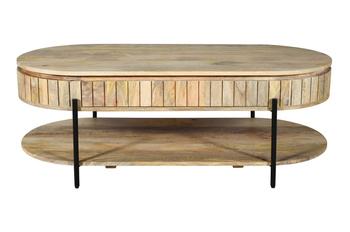 Stolik kawowy drewniany z lamelami i szufladą I półką, z drewna Mango  HS-12-MN