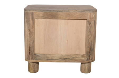 Szafka nocna drewniana minimalistyczna mango japandi lite drewno z zaokrąglonymi narożnikami i dwoma szufladami – kolor mango naturale RM-09-MN