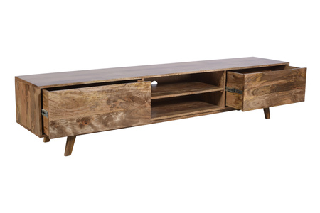 Drewniana komoda RTV 210 cm z litego drewna mango w nowoczesnym stylu skandynawskim, minimalistyczna forma, szuflady i otwarta półka – kolor karmel ST-01-CR